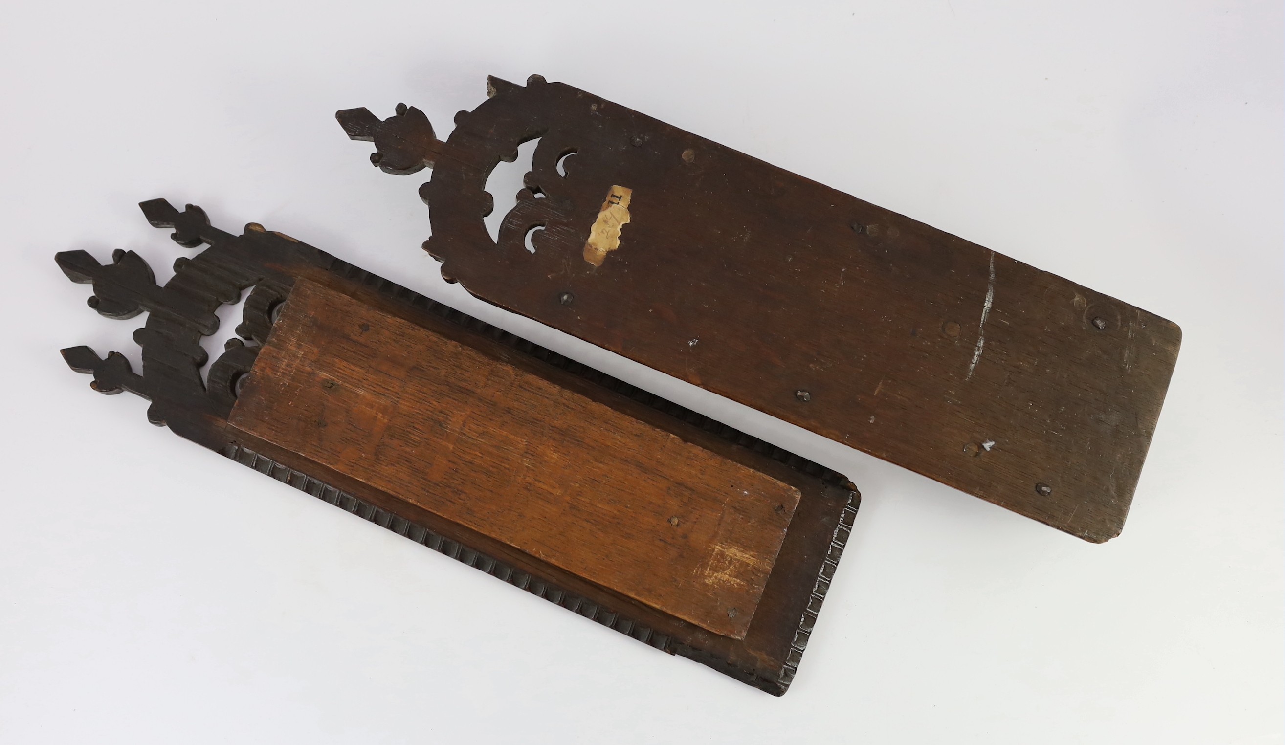 An antique carved oak cased tobacco rasp, 49 x 13cm depth 7cm
